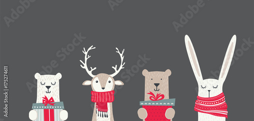 banner with cute winter animals with presents and scarfs. merry christmas and happy new year