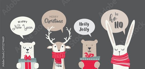 banner with cute winter animals with presents scarfs and seasonal greetings. merry chritmas and happy new year. vector illustration