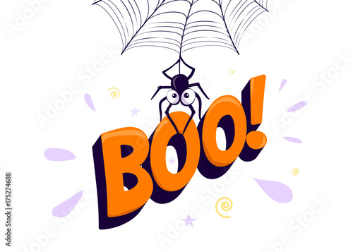 Vector illustration of halloween boo. Spider hanging from web and holding sign