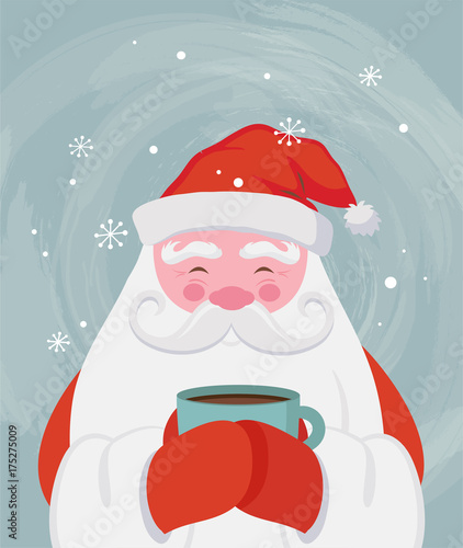 Santa drinking a hot drink at winter scenary. Vector christmas illustration