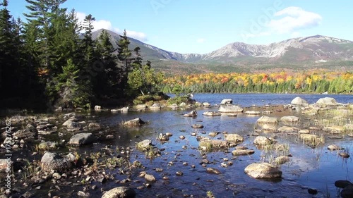 Wide, scenic river under Mount Katahdin