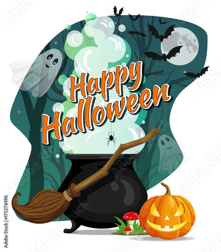 Happy Halloween. Vector flyer. Witcher cauldron with magic potion and steam in creepy dark forest with ghosts. Flying witches broom, amanita and pumpkin