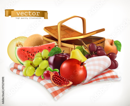 Harvest fruits and berries. Pomegranate, apple, pear, grapes, watermelon, melon. Realistic 3d vector icon