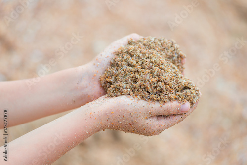 children's hands with wet sand close-up