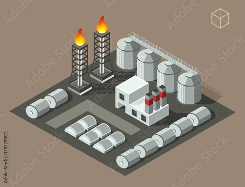 Isometric High Quality City Element on Brown Background . Oil Refinery