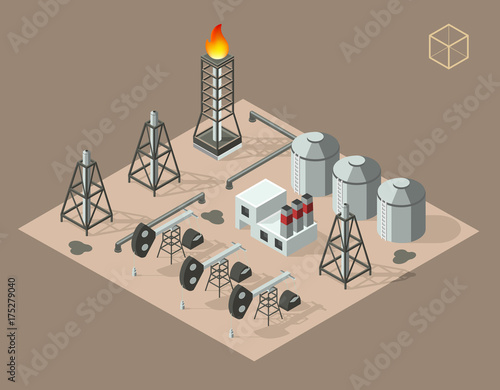 Isometric High Quality City Element on Brown Background . Oil Rig Industry
