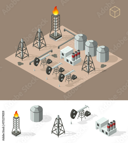 Isometric High Quality City Element on Brown Background . Oil Rig Industry