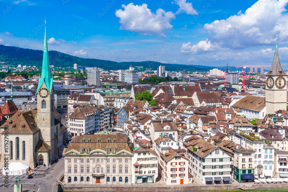 View on Cityscape of old town of Zurich from Grossmunster