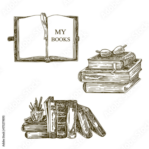 Set of old books. Sketch. Vector illustration.