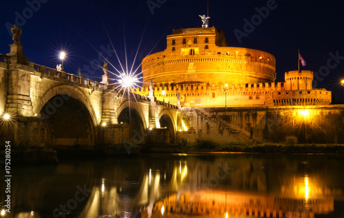 St.Angelo Bridge and Castle by night, Rome, Italy