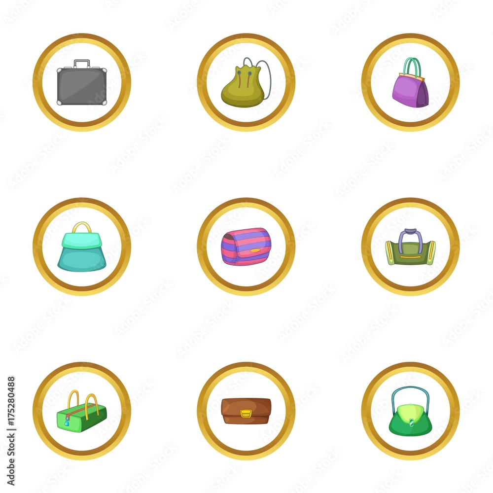 Bags and suitcases icons set, cartoon style