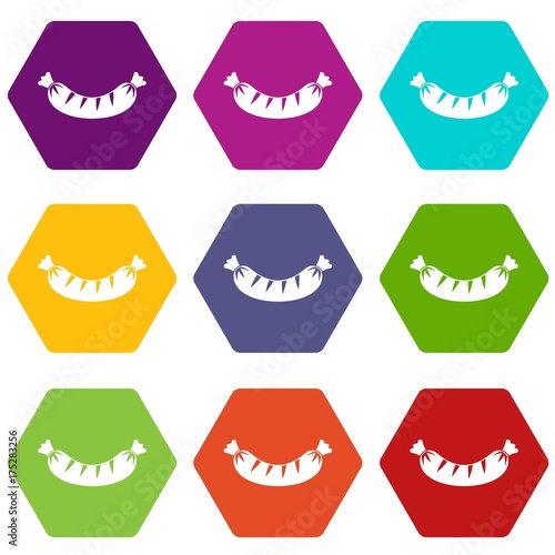Grilled sausage icon set color hexahedron