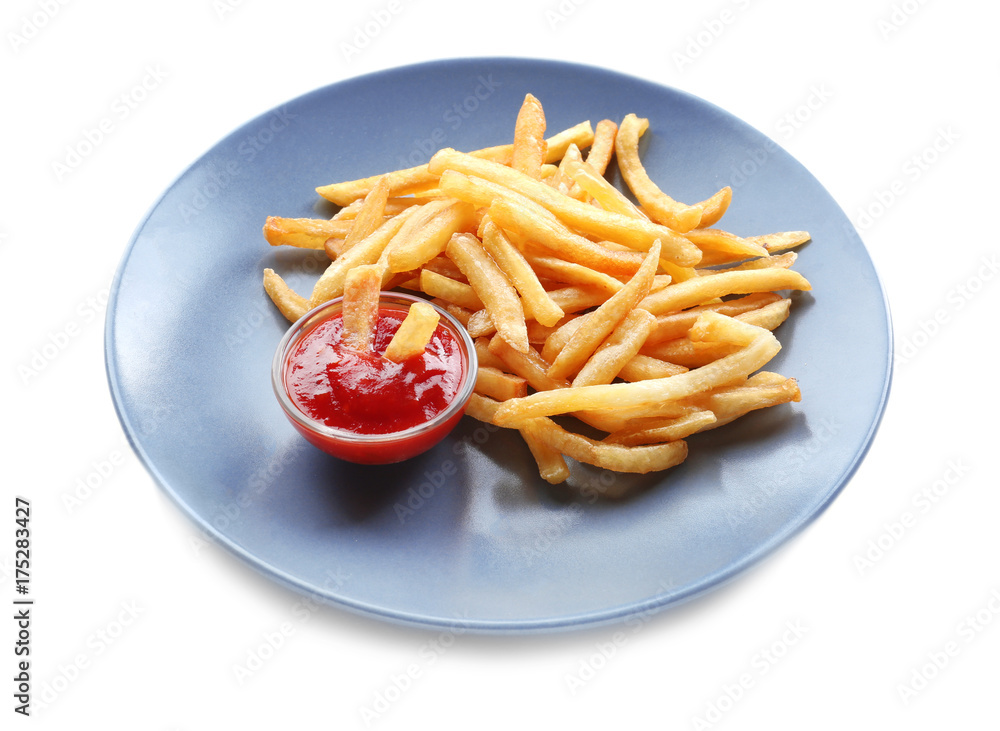 Plate with yummy french fries and sauce on white background Plate with yummy french fries and sauce on white background