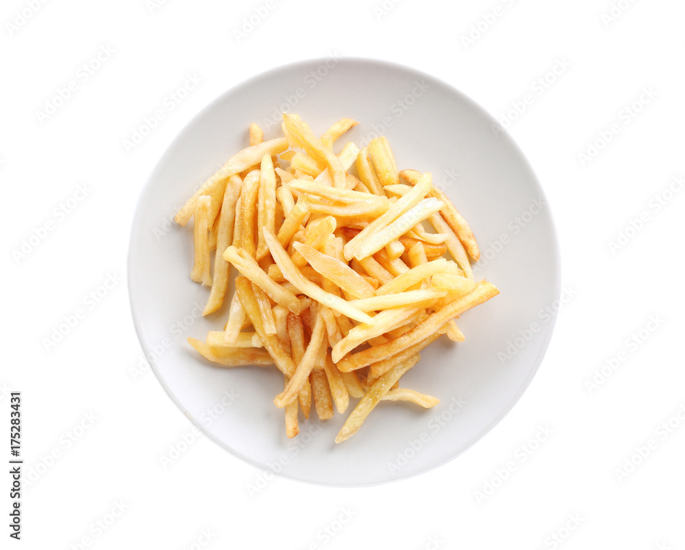 Plate with yummy french fries on white background Plate with yummy french fries on white background