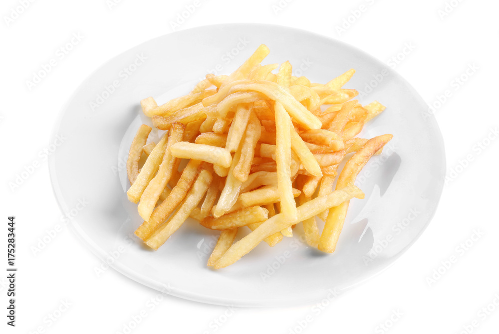 Plate with yummy french fries on white background