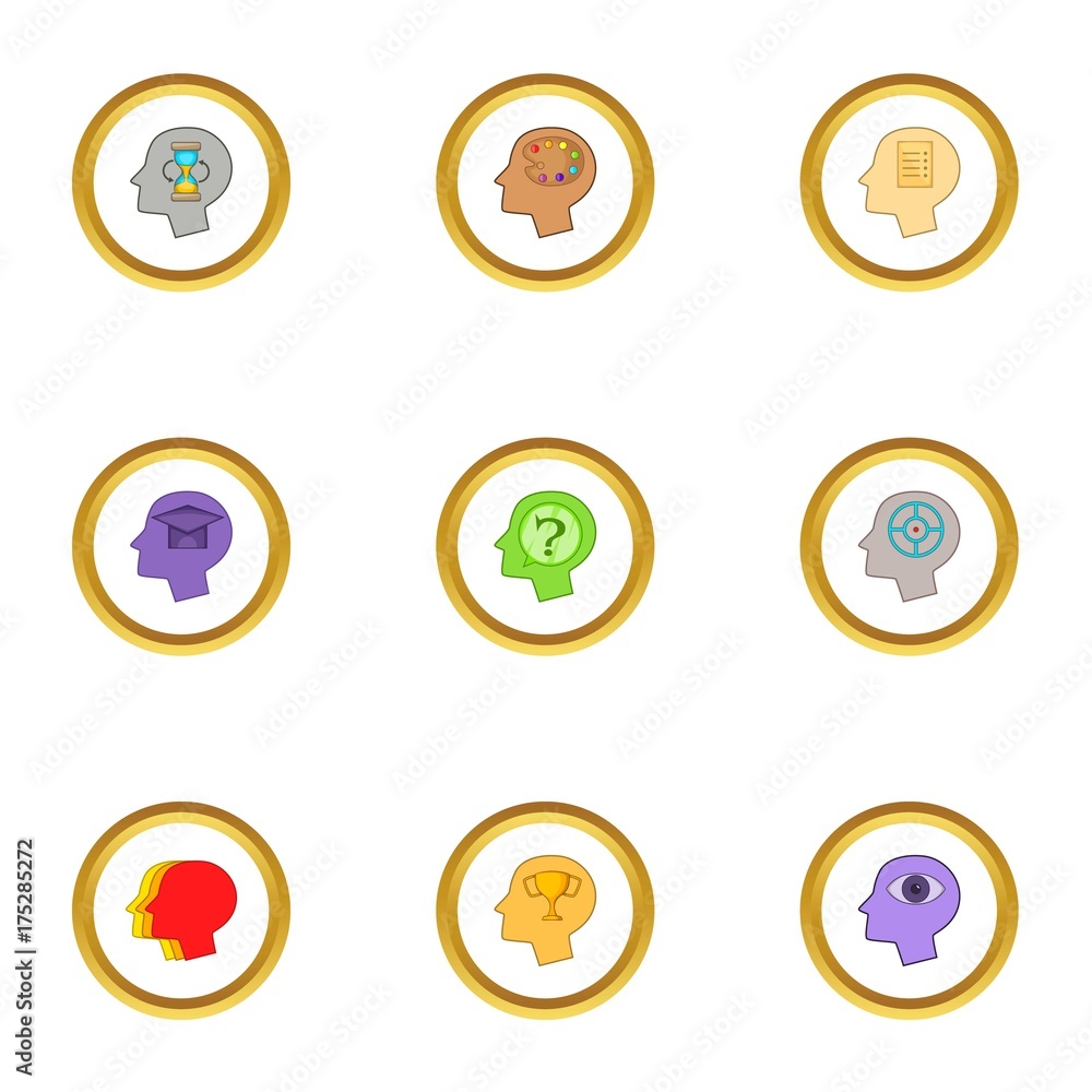 Head with gear icons set, cartoon style Head with gear icons set, cartoon style