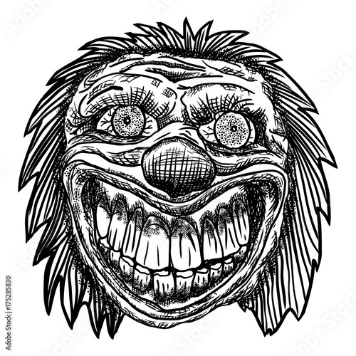 Scary cartoon clown illustration. Blackwork adult flesh tattoo concept. Horror movie zombie clown face character. Vector.