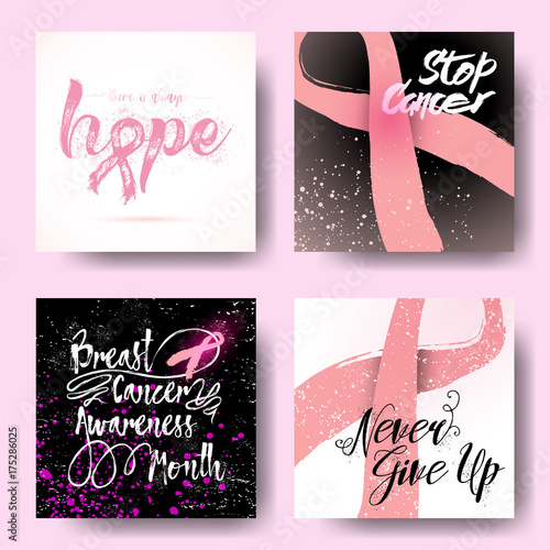Set of October breast cancer awareness month background, set of annual campaign cards with pink ribbons and hand written or drawn motivational calligraphy quotes. Vector.