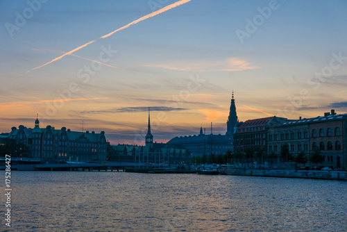 Photography Urban cityscape of Copenhagen, silhouette of downtown at sunset