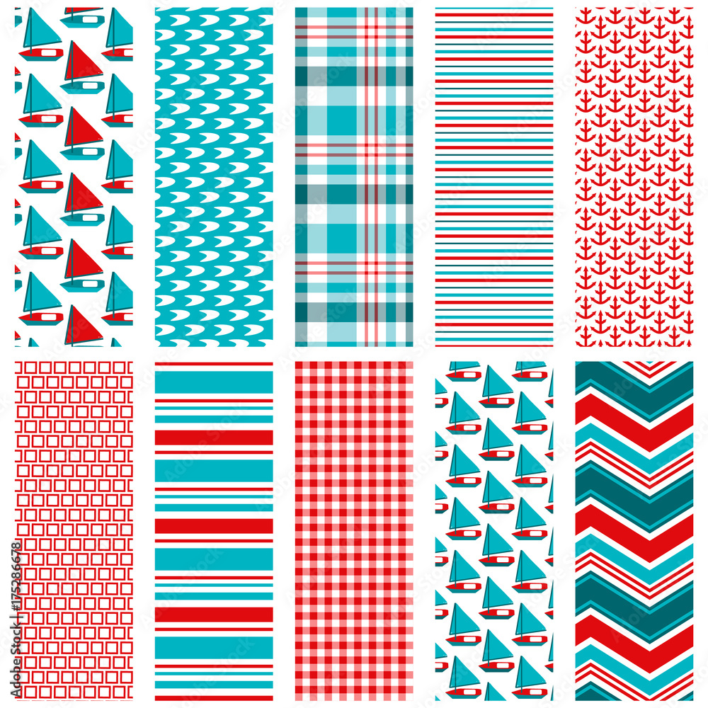Nautical seamless pattern set. Repeating patterns for fabric, gift wrap, backgrounds, scrapbooking and more. Sailboat, plaid, stripe, anchor, gingham and chevron prints. Red, white and blue. Nautical seamless pattern set. Repeating patterns for fabric, gift wrap, backgrounds, scrapbooking and more. Sailboat, plaid, stripe, anchor, gingham and chevron prints. Red, white and blue.