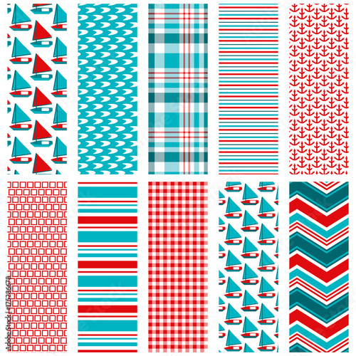 Nautical seamless pattern set. Repeating patterns for fabric, gift wrap, backgrounds, scrapbooking and more. Sailboat, plaid, stripe, anchor, gingham and chevron prints. Red, white and blue. 