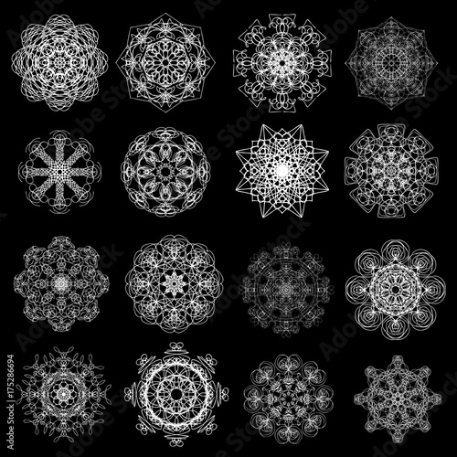 Round symbols spirographs design element set. Template for creating logo emblem, monogram frame. Linear style geometry mandalas. Vector.