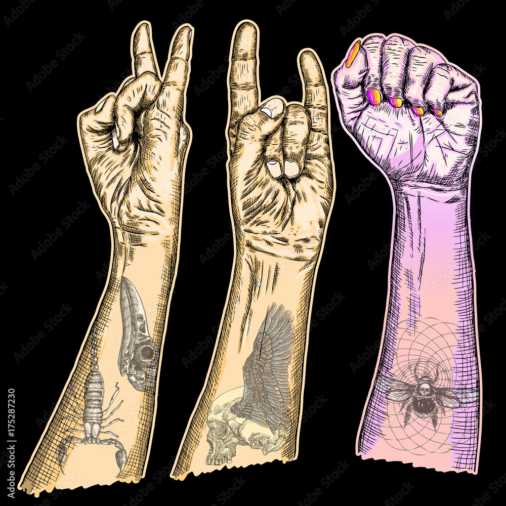 Set of victory, freedom power, riot and revolution, rock music, concept ...