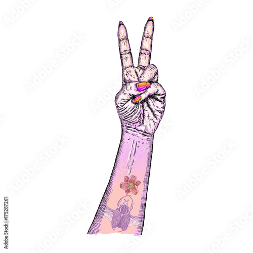 Youth pink gothic emo witch craft girl hand manifesting Millennials new generation gestures. Young women fist wrist freedom victory sign with beetle insect wings and lily flower flash tattoo. Vector.