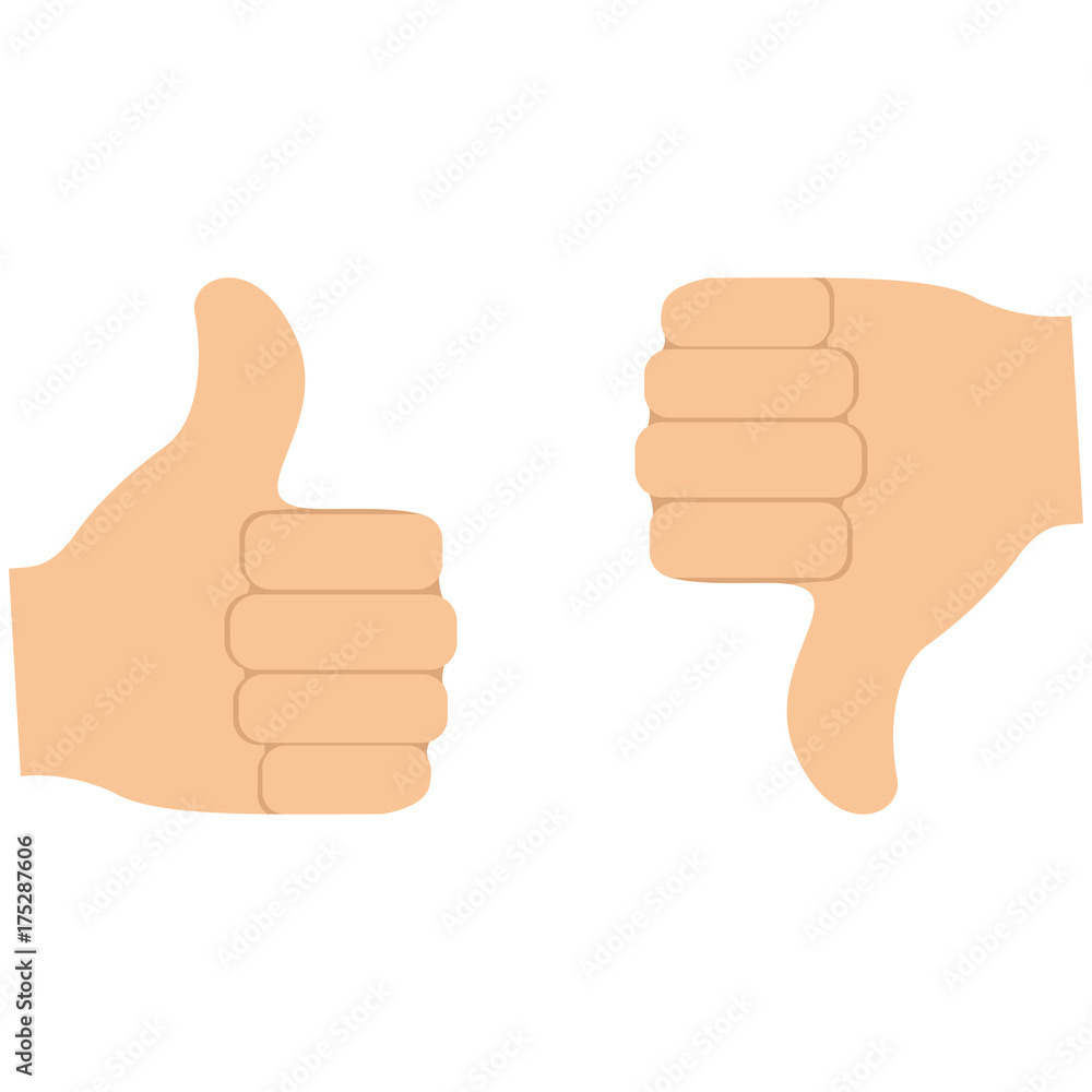 Thumbs up and thumbs down gestures like and dislike concept. Vector illustration