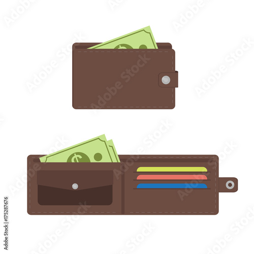 Opened and closed wallet set. Wallet witn money. Vector illustration