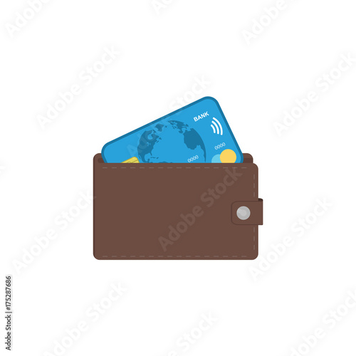 Wallet with card. Brown wallet with money. Vector illustration