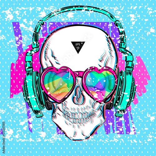 Print skull pop art style. Vector illustration EPS10. Design a poster for a t-shirt. Skull in glasses of hearts.