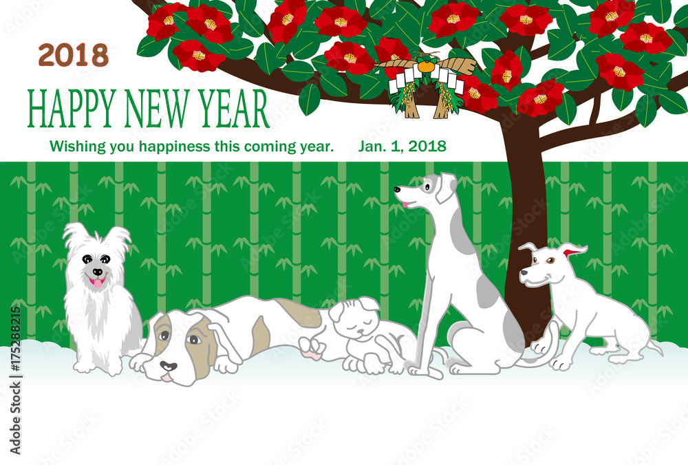 Naklejka premium 犬たちとねこと椿の花の年賀状テンプレート戌年