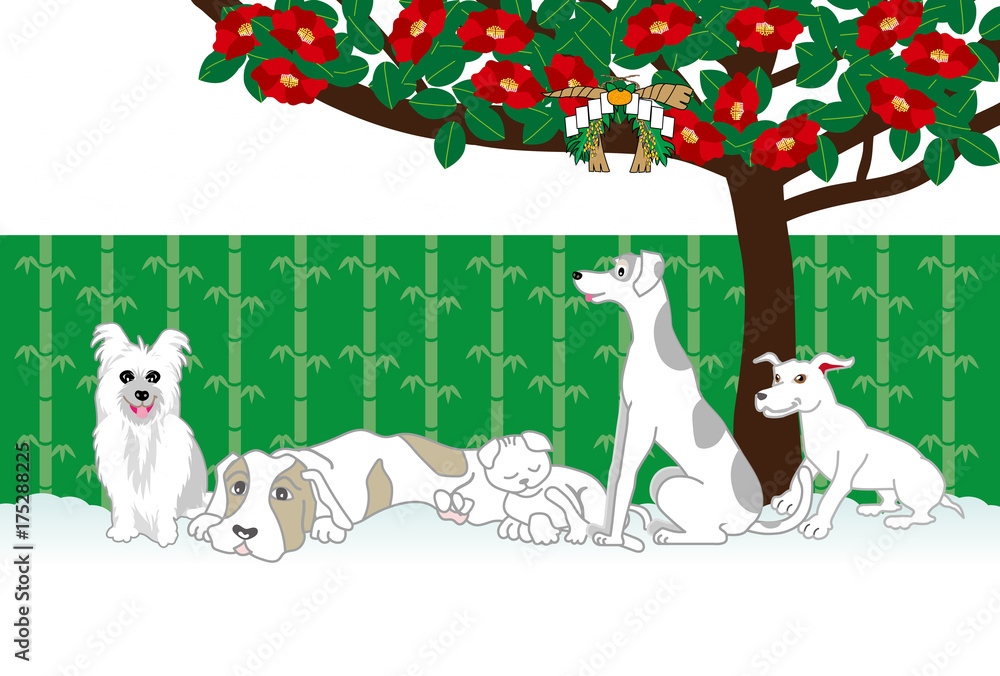 Fototapeta premium 犬たちとねこと椿の花のグリーティングカード