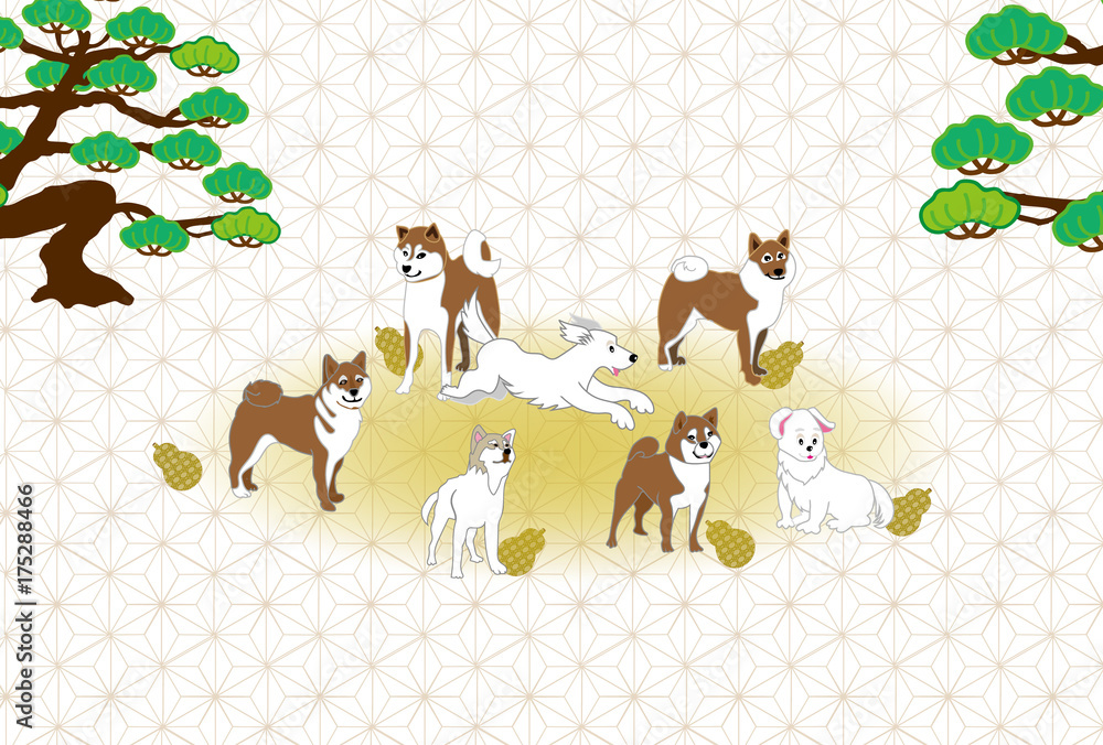 柴犬とひょうたんと松の木のイラストポストカード