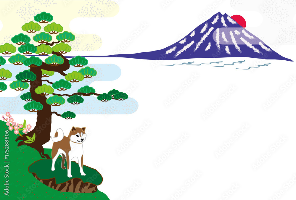 柴犬と日の出の富士山のイラストポストカード Stock Illustration Adobe Stock