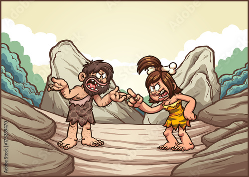Cartoon caveman couple arguing. Vector clip art illustration with simple gradients. Some elements on separate layers. 
