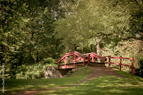 Red wooden bridge in a peaceful park at summer