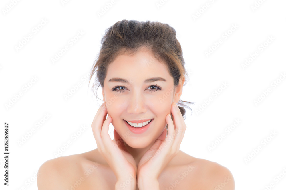 Beautiful girl with makeup, woman and skin care cosmetic concept / attractive beauty asian girl on face with hand touch cheek and smile isolated on white background.