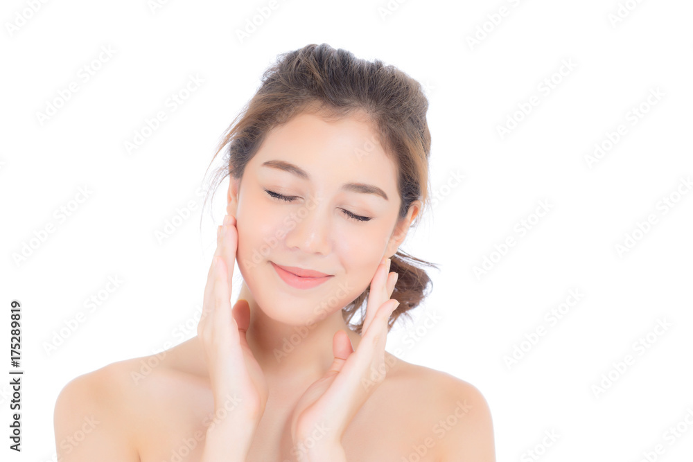 Beautiful girl with makeup, woman and skin care cosmetic concept / attractive beauty asian girl on face with hand touch cheek and smile isolated on white background. Beautiful girl with makeup, woman and skin care cosmetic concept / attractive beauty asian girl on face with hand touch cheek and smile isolated on white background.