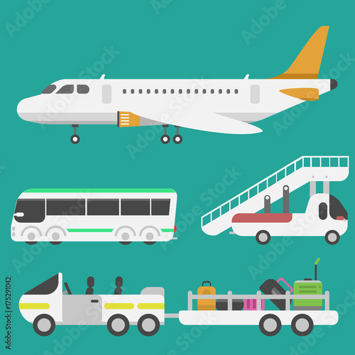 Plane airport transport symbols flat design illustration station concept air port symbols departure luggage plane business vector