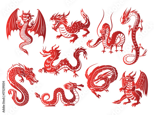 Chinese asia red dragon animal silhouettes on white background vector illustration