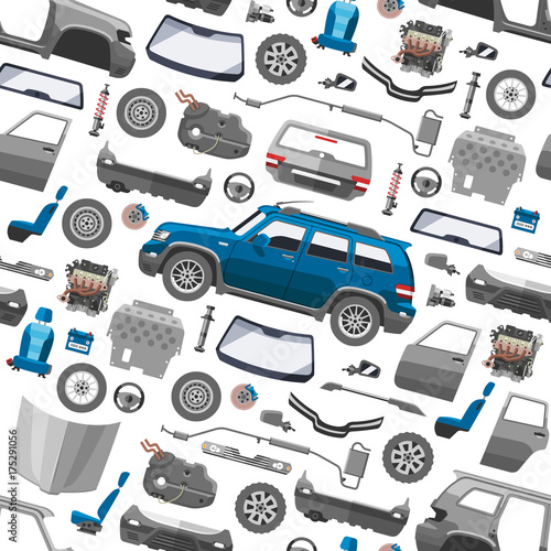 Car service parts flat auto mechanic repair of machines and equipment vector seamless pattern background