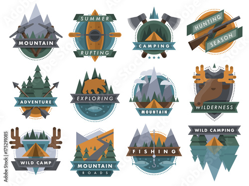 Camping outdoor tourist travel logo scout badges template emblems vector illustration set