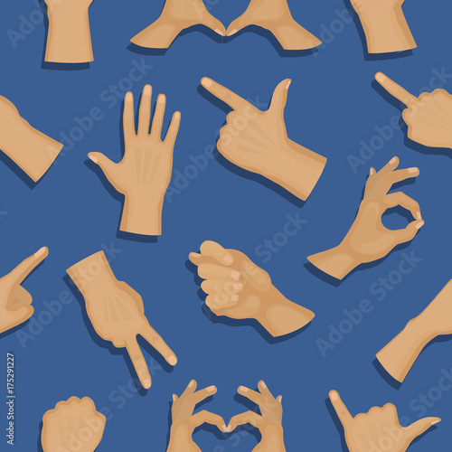 Hands deaf-mute different gestures human arm people communication vector seamless pattern background
