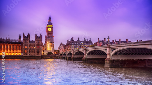 London, the United Kingdom: the Palace of Westminster with Big Ben, Elizabeth Tower, viewed from across the River Thames at night