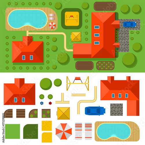 Plan of private house vector illustration top view of outdoor home landscape villa map constructor design building elements.