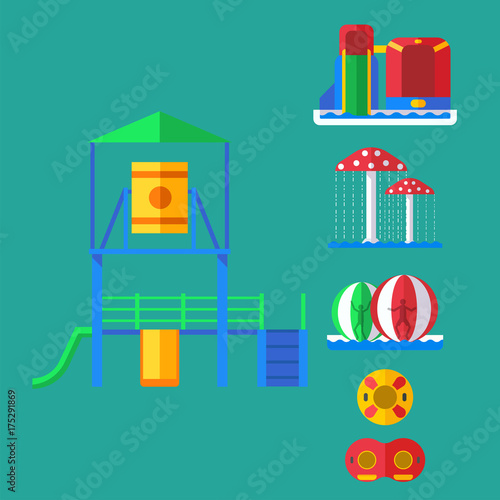 Water aquapark playground with slides and splash pads for family fun vector illustration.