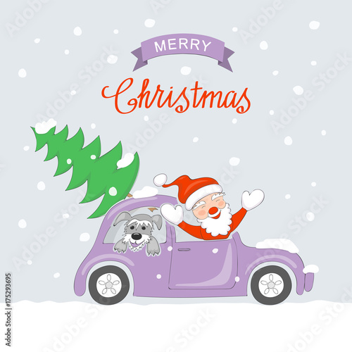 Christmas card with traveling santa and dog in retro auto