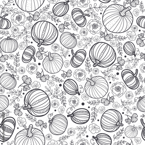 Vector black and white pumpkins seamless repeat pattern background. Great for...